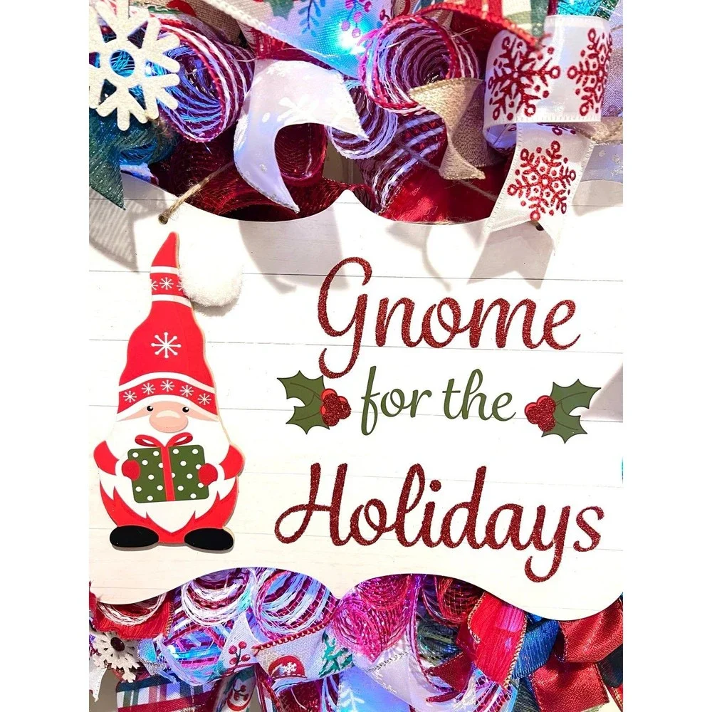Handmade Christmas Gnome for the Holidays Ribbon Door Wreath 22 ins LED W36